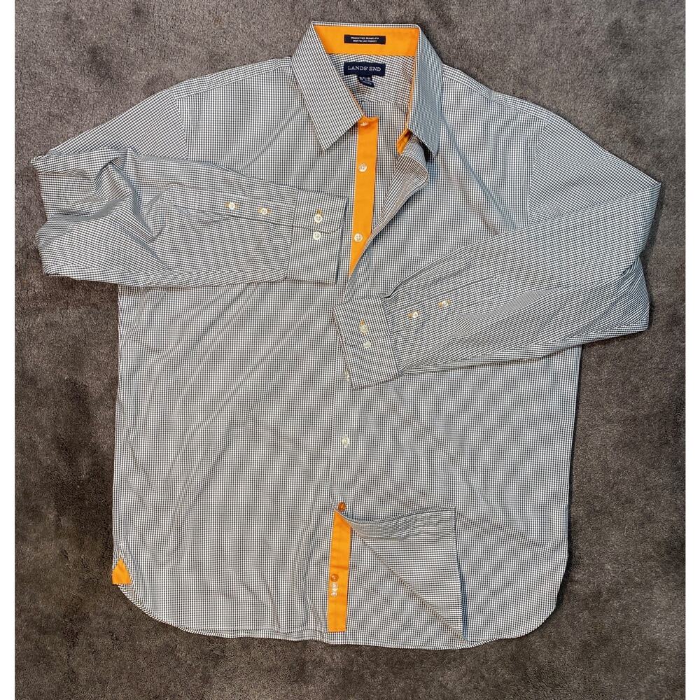 Lands‎ End Men's Large Wrinkle Free LS Shirt Black Gingham Check  w/ Orange Trim - Picture 3 of 12